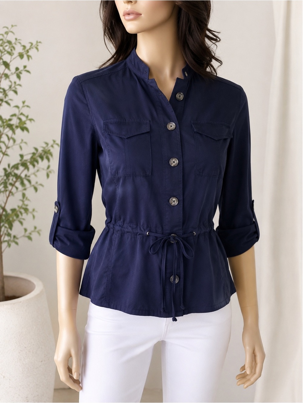 White House Black Market Navy Utility Jacket Top Size 2 Cinch Waist